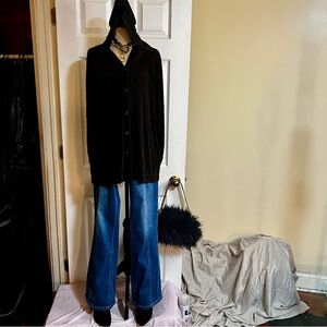 Chico’s Travelers Women’s Slinky Hooded Button Pocket Boho Artsy Brown Top 2(L)